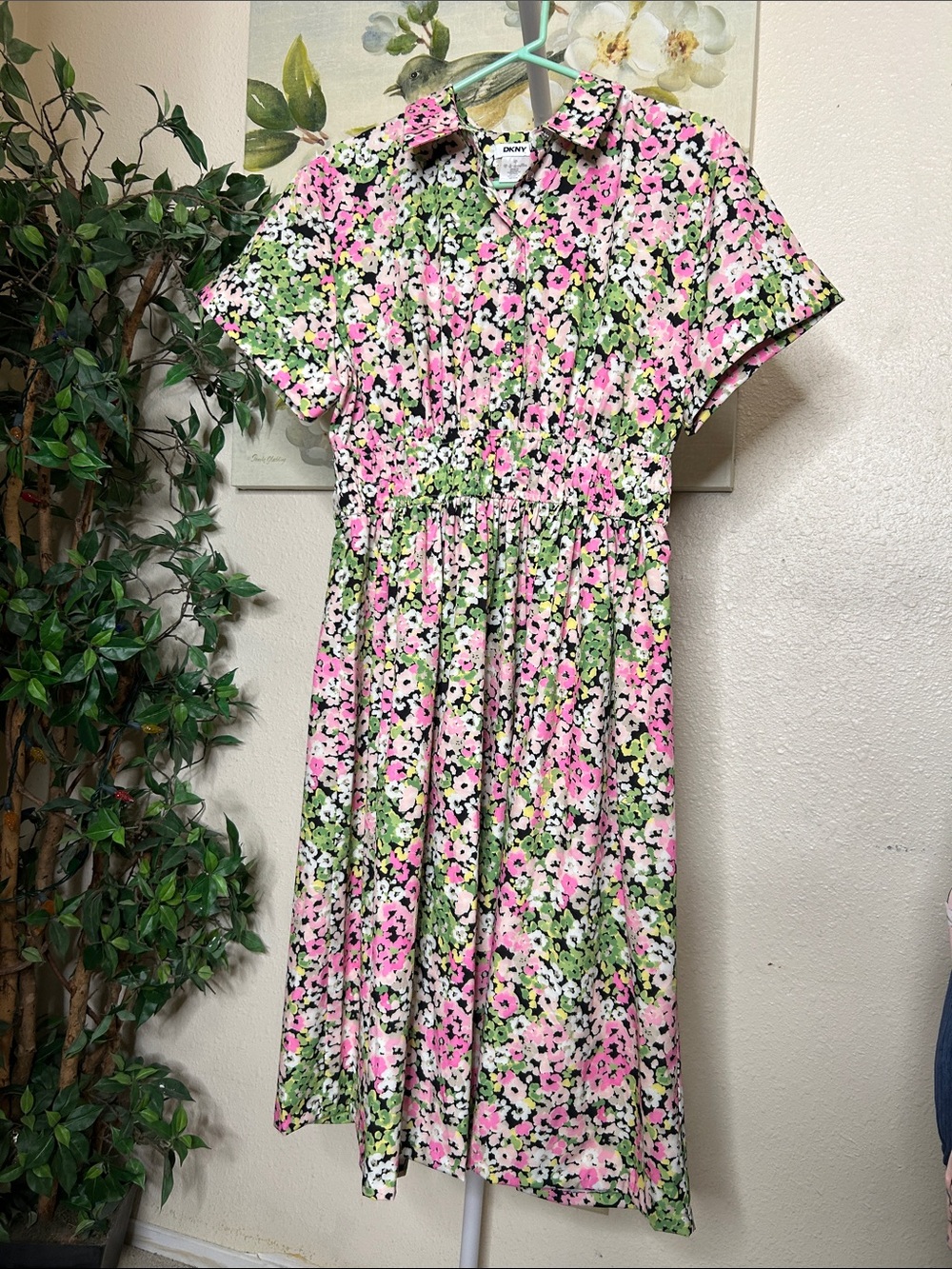 DKNY Pink, Green and White Floral Collared Midi Dress